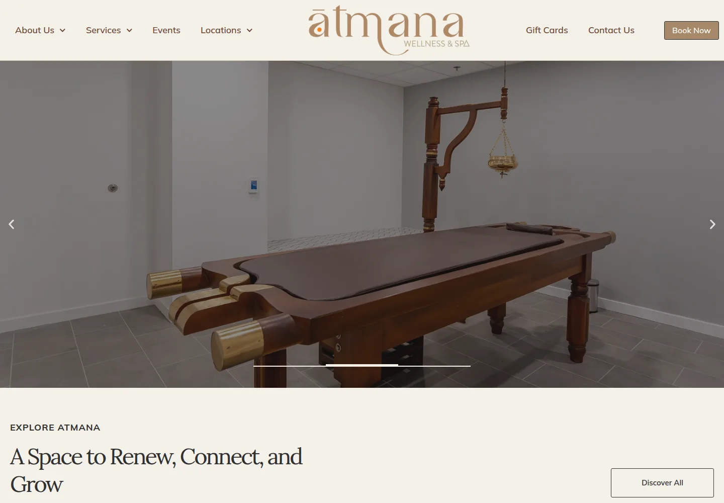 Atmana Wellness and Spa homepage on desktop, designed and built by gang&lani media