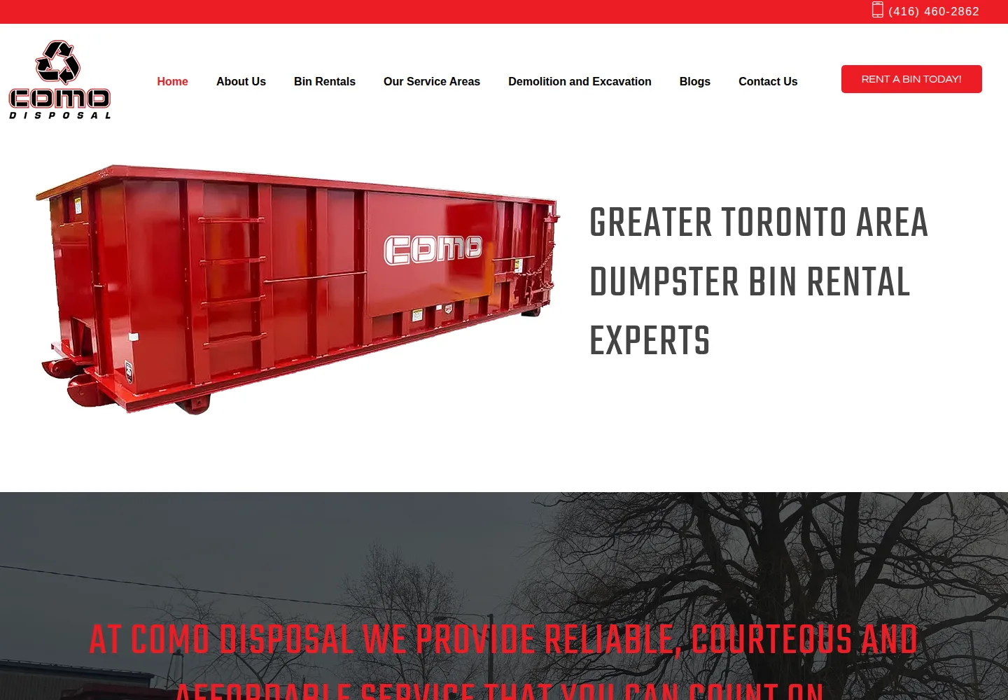 Como Disposal homepage on desktop, designed and built by gang&lani media
