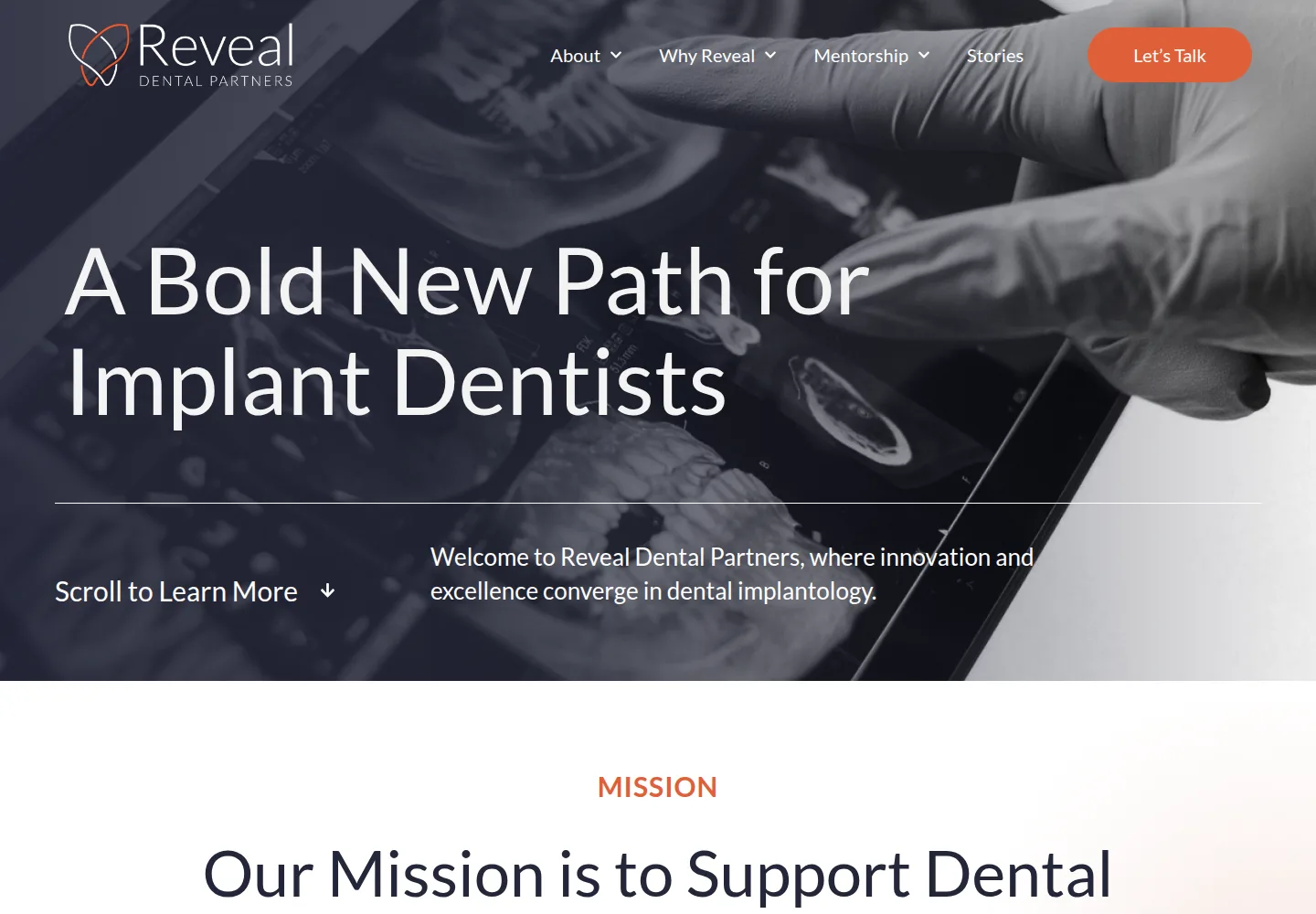 Reveal Dental Partners homepage on desktop, designed and built by gang&lani media