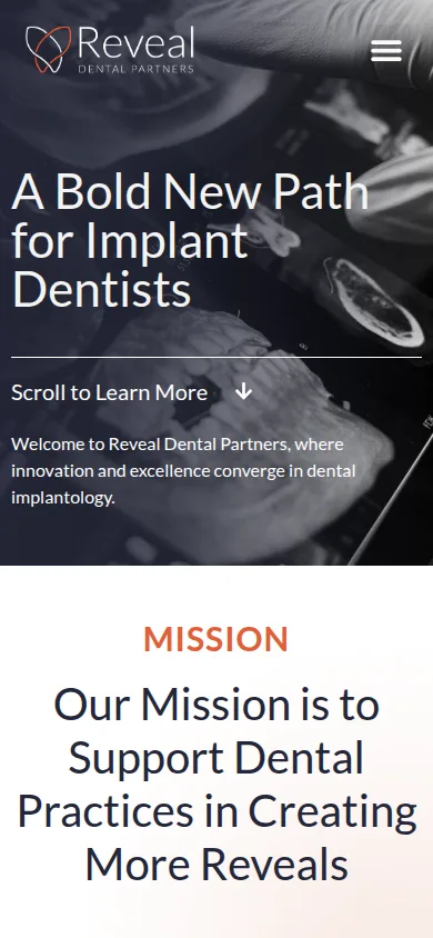Reveal Dental Partners homepage on mobile, designed and built by gang&lani media