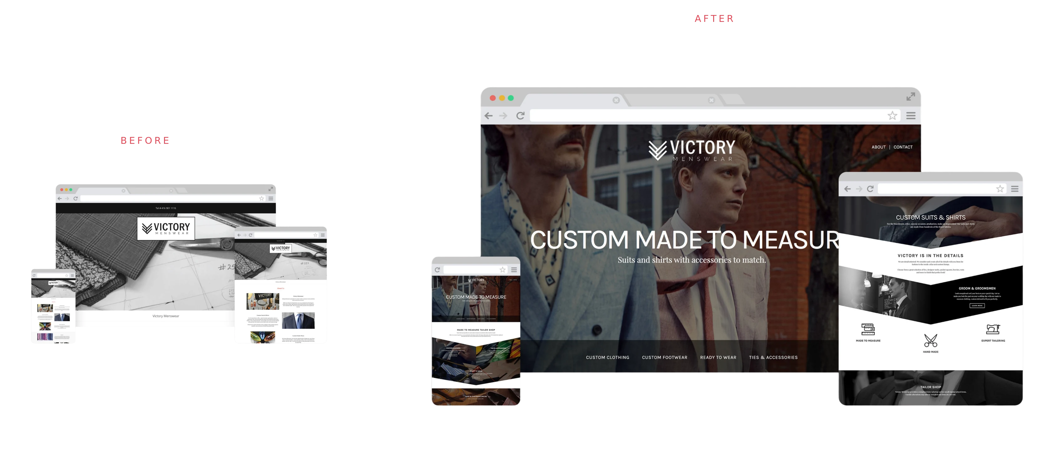 Victory Menswear website before and after redesign, compared across desktop, tablet and mobile screens
